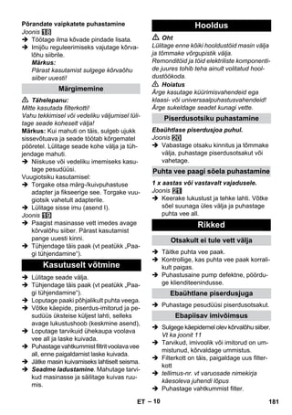 – 10 
Joonis 
 Töötage ilma kõvade pindade lisata. 
 Imijõu reguleerimiseks vajutage kõrva-lõhu 
siibrile. 
Märkus: 
Pärast kasutamist sulgege kõrvaõhu 
siiber uuesti! 
 Tähelepanu: 
Mitte kasutada filterkotti! 
Vahu tekkimisel või vedeliku väljumisel lüli-tage 
seade koheselt välja! 
Märkus: Kui mahuti on täis, sulgeb ujukk 
sissevõtuava ja seade töötab kõrgematel 
pööretel. Lülitage seade kohe välja ja tüh-jendage 
mahuti. 
 Niiskuse või vedeliku imemiseks kasu-tage 
pesudüüsi. 
Vuugiotsiku kasutamisel: 
 Torgake otsa märg-/kuivpuhastuse 
adapter ja fikseerige see. Torgake vuu-giotsik 
vahetult adapterile. 
 Lülitage sisse imu (asend I). 
Joonis 
 Paagist masinasse vett imedes avage 
kõrvalõhu siiber. Pärast kasutamist 
pange uuesti kinni. 
 Tühjendage täis paak (vt peatükk „Paa-gi 
tühjendamine“). 
 Lülitage seade välja. 
 Tühjendage täis paak (vt peatükk „Paa-gi 
tühjendamine“). 
 Loputage paaki põhjalikult puhta veega. 
 Võtke käepide, piserdus-imitorud ja pe-sudüüs 
üksteise küljest lahti, selleks 
avage lukustushoob (keskmine asend), 
 Loputage tarvikuid ühekaupa voolava 
vee all ja laske kuivada. 
 Puhastage vahtkummist filtrit voolava vee 
all, enne paigaldamist laske kuivada. 
 Jätke masin kuivamiseks lahtiselt seisma. 
 Seadme ladustamine. Mahutage tarvi-kud 
masinasse ja säilitage kuivas ruu-mis. 
 Oht 
Lülitage enne kõiki hooldustöid masin välja 
ja tõmmake võrgupistik välja. 
Remonditöid ja töid elektriliste komponenti-de 
juures tohib teha ainult volitatud hool-dustöökoda. 
 Hoiatus 
Ärge kasutage küürimisvahendeid ega 
klaasi- või universaalpuhastusvahendeid! 
Ärge sukeldage seadet kunagi vette. 
Ebaühtlase piserdusjoa puhul. 
Joonis 
 Vabastage otsaku kinnitus ja tõmmake 
välja, puhastage piserdusotsakut või 
vahetage. 
1 x aastas või vastavalt vajadusele. 
Joonis 
 Keerake lukustust ja tehke lahti. Võtke 
sõel suunaga üles välja ja puhastage 
puhta vee all. 
 Täitke puhta vee paak. 
 Kontrollige, kas puhta vee paak korrali-kult 
paigas. 
 Puhastusaine pump defektne, pöördu-ge 
klienditeenindusse. 
 Puhastage pesudüüsi piserdusotsakut. 
 Sulgege käepidemel olev kõrvalõhu siiber. 
Vt ka joonit 11 
 Tarvikud, imivoolik või imitorud on um-mistunud, 
kõrvaldage ummistus. 
 Filterkott on täis, paigaldage uus filter-kott 
 tellimus-nr. vt varuosade nimekirja 
käesoleva juhendi lõpus 
 Puhastage vahtkummist filter. 
Põrandate vaipkatete puhastamine 
Märgimemine 
Kasutuselt võtmine 
Hooldus 
Piserdusotsiku puhastamine 
Puhta vee paagi sõela puhastamine 
Rikked 
Otsakult ei tule vett välja 
Ebaühtlane piserdusjuga 
Ebapiisav imivõimsus 
ET 181 
 