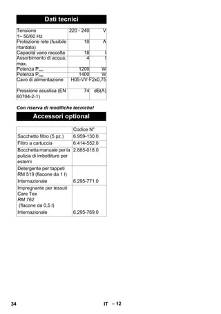 – 12 
Dati tecnici 
Tensione 
1~ 50/60 Hz 
220 - 240 V 
Protezione rete (fusibile 
ritardato) 
10 A 
Capacità vano raccolta 18 l 
Assorbimento di acqua, 
max. 
4 l 
Potenza Pnom 1200 W 
Potenza Pmax 1400 W 
Cavo di alimentazione H05-VV-F2x0,75 
Pressione acustica (EN 
60704-2-1) 
74 dB(A) 
Con riserva di modifiche tecniche! 
Accessori optional 
Codice N° 
Sacchetto filtro (5 pz.) 6.959-130.0 
Filtro a cartuccia 6.414-552.0 
Bocchetta manuale per la 
pulizia di imbottiture per 
esterni 
2.885-018.0 
Detergente per tappeti 
RM 519 (flacone da 1 l) 
Internazionale 6.295-771.0 
Impregnante per tessuti 
Care Tex 
RM 762 
(flacone da 0,5 l) 
Internazionale 6.295-769.0 
34 IT 
 