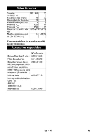 – 12 
Datos técnicos 
Tensión 
1~ 50/60 Hz 
Reservado el derecho a realizar modifi-caciones 
técnicas. 
220 - 240 V 
Fusible de red (inerte) 10 A 
Capacidad del depósito 18 l 
Absorción de agua, máx. 4 l 
Potencia Pnom 1200 W 
Potencia Pmáx 1400 W 
Cable de conexión a la 
red 
H05-VV-F2x0,75 
Nivel de presión acústi-ca 
(EN 60704-2-1) 
74 dB(A) 
Accesorios especiales 
Nº referencia 
Bolsas filtrantes (5 uds.) 6.959-130.0 
Filtro de cartuchos 6.414-552.0 
Boquilla manual de ex-tracción 
por pulverización 
para limpiar tapicerías 
2.885-018.0 
RM 519 Detergente para 
moquetas (Botella de 1 l) 
Internacional 6.295-771.0 
Impregnación de textiles 
Care Tex 
RM 762 
(botella de 0,5l) 
Internacional 6.295-769.0 
ES 49 
 