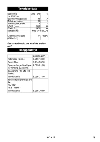 – 11 
Tekniske data 
Spenning 
1~ 50/60 Hz 
220 - 240 V 
Strømsikring (trege) 10 A 
Beholder, volum 18 l 
Vannopptak, maks. 4 l 
Effekt Pnominell 1200 W 
Effekt Pmaks 1400 W 
Nettledning H05-VV-F2x0,75 
Lydtrykksnivå (EN 
60704-2-1) 
74 dB(A) 
Det tas forbehold om tekniske endrin-ger! 
Tilleggsutstyr 
Bestillingsnr. 
Filterpose (5 stk.) 6.959-130.0 
Patronfilter 6.414-552.0 
Sprøyte-/suge-hånddyse 
for rensing av polstre. 
2.885-018.0 
Tepperens RM 519 (1 l 
flaske) 
Internasjonal 6.295-771.0 
Tekstilimpregnering Care 
Tex 
RM 762 
(0,5 l flaske) 
Internasjonal 6.295-769.0 
NO 71 
 