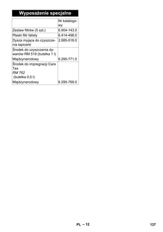 – 12 
Wyposażenie specjalne 
Nr katalogo-wy 
Zestaw filtrów (5 szt.) 6.904-143.0 
Płaski filtr falisty 6.414-498.0 
Dysza myjąca do czyszcze-nia 
tapicerki 
2.885-018.0 
Środek do czyszczenia dy-wanów 
RM 519 (butelka 1 l) 
Międzynarodowy 6.295-771.0 
Środek do impregnacji Care 
Tex 
RM 762 
(butelka 0,5 l) 
Międzynarodowy 6.295-769.0 
PL 137 
 