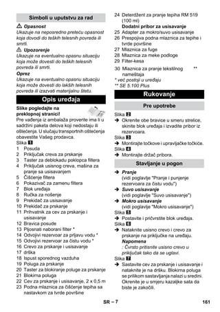 – 7 
 Opasnost 
Ukazuje na neposredno preteću opasnost 
koja dovodi do teških telesnih povreda ili 
smrti. 
 Upozorenje 
Ukazuje na eventualno opasnu situaciju 
koja može dovesti do teških telesnih 
povreda ili smrti. 
Oprez 
Ukazuje na eventualno opasnu situaciju 
koja može dovesti do lakših telesnih 
povreda ili izazvati materijalnu štetu. 
Slike pogledajte na 
preklopnoj stranici! 
Pre vađenja iz ambalaža proverite ima li u 
sadržini paketa delova koji nedostaju ili 
oštećenja. U slučaju transportnih oštećenja 
obavestite Vašeg prodavca. 
Slika 
1 Posuda 
2 Priključak creva za prskanje 
3 Taster za deblokadu poklopca filtera 
4 Priključak usisnog creva, mašina za 
pranje sa usisavanjem 
5 Čišćenje filtera 
6 Pokazivač za zamenu filtera 
7 Blok uređaja 
8 Ručka za nošenje 
9 Prekidač za usisavanje 
10 Prekidač za prskanje 
11 Prihvatnik za cev za prskanje i 
usisavanje 
12 Bravica posude 
13 Pljosnati naborani filter * 
14 Odvojivi rezervoar za prljavu vodu * 
15 Odvojivi rezervoar za čistu vodu * 
16 Crevo za prskanje i usisavanje 
17 drška 
18 Ispust sporednog vazduha 
19 Poluga za prskanje 
20 Taster za blokiranje poluge za prskanje 
21 Blokirna poluga 
22 Cev za prskanje i usisavanje, 2 x 0,5 m 
23 Podna mlaznica za čišćenje tepiha sa 
nastavkom za tvrde površine 
24 Deterdžent za pranje tepiha RM 519 
(100 ml) 
Dodatni pribor za usisavanje 
25 Adapter za mokro/suvo usisavanje 
26 Prespojiva podna mlaznica za tepihe i 
tvrde površine 
27 Mlaznica za fuge 
28 Mlaznica za meke podloge 
29 Filter-kesa 
* već postoji u uređaju 
** SE 5.100 Plus 
Slika 
 Okrenite obe bravice u smeru strelice, 
skinite blok uređaja i izvadite pribor iz 
rezervoara. 
Slika 
 Montirajte točkove i upravljačke točkiće. 
Slika 
 Montirajte držač pribora. 
 Pranje 
(vidi poglavlje Pranje i punjenje 
rezervoara za čistu vodu) 
 Suvo usisavanje 
(vidi poglavlje Suvo usisavanje) 
 Mokro usisavanje 
(vidi poglavlje Mokro usisavanje) 
Slika 
 Postavite i pričvrstite blok uređaja. 
Slika 
 Nataknite usisno crevo i crevo za 
prskanje na priključke na uređaju. 
Napomena 
: Čvrsto pritisnite usisno crevo u 
priključak tako da se uglavi. 
Slika 
 Sastavite cev za prskanje i usisavanje i 
nataknite je na dršku. Blokirna poluga 
se prilikom sastavljanja nalazi u sredini. 
Okrenite je u smjeru kazaljke sata da 
biste je zakočili. 
Simboli u uputstvu za rad 
Opis uređaja 
30 Mlaznica za pranje tekstilnog 
nameštaja 
** 
Rukovanje 
Pre upotrebe 
Stavljanje u pogon 
SR 161 
 