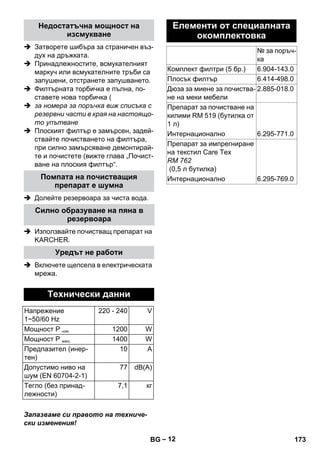 – 12 
Недостатъчна мощност на 
изсмукване 
 Затворете шибъра за страничен въз- 
дух на дръжката. 
 Принадлежностите, всмукателният 
маркуч или всмукателните тръби са 
запушени, отстранете запушването. 
 Филтърната торбичка е пълна, по- 
ставете нова торбичка ( 
 за номера за поръчка виж списъка с 
резервни части в края на настоящо- 
то упътване 
 Плоският филтър е замърсен, задей- 
ствайте почистването на филтъра, 
при силно замърсяване демонтирай- 
те и почистете (вижте глава „Почист- 
ване на плоския филтър“. 
Помпата на почистващия 
препарат е шумна 
 Долейте резервоара за чиста вода. 
Силно образуване на пяна в 
резервоара 
 Използвайте почистващ препарат на 
KARCHER. 
Уредът не работи 
 Включете щепсела в електрическата 
мрежа. 
Технически данни 
Напрежение 
1~50/60 Hz 
220 - 240 V 
Мощност Р ном. 1200 W 
Мощност Р макс. 1400 W 
Предпазител (инер- 
тен) 
10 A 
Допустимо ниво на 
шум (EN 60704-2-1) 
77 dB(A) 
Тегло (без принад- 
лежности) 
7,1 кг 
Запазваме си правото на техниче- 
ски изменения! 
Елементи от специалната 
окомплектовка 
№ за поръч- 
ка 
Комплект филтри (5 бр.) 6.904-143.0 
Плосък филтър 6.414-498.0 
Дюза за миене за почиства- 
2.885-018.0 
не на меки мебели 
Препарат за почистване на 
килими RM 519 (бутилка от 
1 л) 
Интернационално 6.295-771.0 
Препарат за импрегниране 
на текстил Care Tex 
RM 762 
(0,5 л бутилка) 
Интернационално 6.295-769.0 
BG 173 
 
