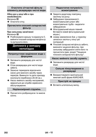 – 12 
Один раз у році або в при 
необхідності. 
Малюнок 
 Очистити сітку. 
При сильному засміченні: 
Малюнок 
 Розблокувати кришку та відкинути її, 
вийняти плоский складчастий фільтр 
та витрусити його. 
 Заповнити резервуар для чистої 
води. 
 Сітка резервуара для чистої води 
забита. 
 Захисне термореле відключило 
насос для миючого засобу через 
перегрів. Вимкнути та дати приладу 
охолонути (приблизно 20-30 хв.). 
 Насос мийного засобу несправний, 
зверниться до служби сервісного 
обслуговування. 
 Прочистити розбризкуюче та миюче 
сопло. 
 Закрити додаткову повітряну 
заслінку на ручці. 
 Забруднені приналежності, 
всмоктувальний шланг або 
всмоктувальна труба - видалити 
забруднення. 
 Фільтрувальний мішок повний. 
Вставити новий фільтрувальний 
мішок ( 
 номер замовлення див. у переліку 
запасних частин у кінці цієї 
інструкції) 
 Плоский складчастий фільтр забито, 
виконати чищення фільтру, при 
сильному забрудненні зняти його та 
прочистити (див. розділ Чищення 
плоского складчастого фільтру. 
 Заповнити резервуар для чистої 
води. 
 Використовувати оригінальний 
миючий засіб фірми KARCHER. 
 Вставте штепсельну вилку. 
Очистити сітчастий фільтр 
елементу резервуара чистої води. 
Прочистити плоский складчастий 
фільтр 
Допомога у випадку 
неполадок 
Неприпустиме виділення води з 
форсунки 
Нерівномірний струмінь 
Недостатня потужність 
всмоктування 
Насос мийного засобу шумить 
Сильне піноутворення в 
резервуарі 
Пристрій не працює 
202 UK 
 