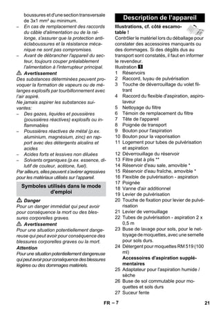 – 7 
boussures et d'une section transversale 
de 3x1 mm² au minimum. 
– En cas de remplacement des raccords 
du câble d'alimentation ou de la ral-longe, 
s'assurer que la protection anti-éclaboussures 
et la résistance méca-nique 
ne sont pas compromises. 
– Avant de débrancher l'appareil du sec-teur, 
toujours couper préalablement 
l'alimentation à l'interrupteur principal. 
 Avertissement 
Des substances déterminées peuvent pro-voquer 
la formation de vapeurs ou de mé-langes 
explosifs par tourbillonnement avec 
l’air aspiré. 
Ne jamais aspirer les substances sui-vantes: 
– Des gazes, liquides et poussières 
(poussières réactives) explosifs ou in-flammables 
– Poussières réactives de métal (p.ex. 
aluminium, magnésium, zinc) en rap-port 
avec des détergents alcalins et 
acides 
– Acides forts et lessives non diluées 
– Solvants organiques (p.ex. essence, di-lutif 
de couleur, acétone, fuel). 
Par ailleurs, elles peuvent s’avérer agressives 
pour les matériaux utilisés sur l’appareil. 
 Danger 
Pour un danger immédiat qui peut avoir 
pour conséquence la mort ou des bles-sures 
corporelles graves. 
 Avertissement 
Pour une situation potentiellement dange-reuse 
qui peut avoir pour conséquence des 
blessures corporelles graves ou la mort. 
Attention 
Pour une situation potentiellement dangereuse 
qui peut avoir pour conséquence des blessures 
légères ou des dommages matériels. 
Illustrations, cf. côté escamo-table 
! 
Contrôler le matériel lors du déballage pour 
constater des accessoires manquants ou 
des dommages. Si des dégâts dus au 
transport sont constatés, il faut en informer 
le revendeur. 
Illustration 
1 Réservoirs 
2 Raccord, tuyau de pulvérisation 
3 Touche de déverrouillage du volet fil-trant 
4 Raccord du flexible d'aspiration, aspiro-laveur 
5 Nettoyage du filtre 
6 Témoin de remplacement du filtre 
7 Tête de l'appareil 
8 Poignée de transport 
9 Bouton pour l'aspiration 
10 Bouton pour la vaporisation 
11 Logement pour tubes de pulvérisation 
et aspiration 
12 Déverrouillage du réservoir 
13 Filtre plat à plis ** 
14 Réservoir d'eau sale, amovible * 
15 Réservoir d'eau fraîche, amovible * 
16 Flexible de pulvérisation - aspiration 
17 Poignée 
18 Vanne d'air additionnel 
19 Levier de pulvérisation 
20 Touche de fixation pour levier de pulvé-risation 
21 Levier de verrouillage 
22 Tubes de pulvérisation - aspiration 2 x 
0,5 m 
23 Buse de lavage pour sols, pour le net-toyage 
de moquettes, avec une semelle 
pour sols durs. 
24 Détergent pour moquettes RM 519 (100 
ml) 
Accessoires d'aspiration supplé-mentaires 
25 Adaptateur pour l'aspiration humide / 
sèche 
26 Buse de sol commutable pour mo-quettes 
et sols durs 
27 Suceur fente 
Symboles utilisés dans le mode 
d'emploi 
Description de l’appareil 
FR 21 
 