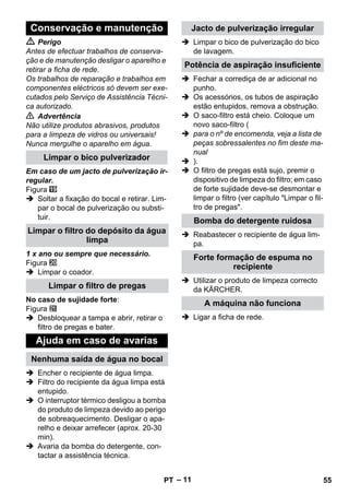 – 11 
 Perigo 
Antes de efectuar trabalhos de conserva-ção 
e de manutenção desligar o aparelho e 
retirar a ficha de rede. 
Os trabalhos de reparação e trabalhos em 
componentes eléctricos só devem ser exe-cutados 
pelo Serviço de Assistência Técni-ca 
autorizado. 
 Advertência 
Não utilize produtos abrasivos, produtos 
para a limpeza de vidros ou universais! 
Nunca mergulhe o aparelho em água. 
Em caso de um jacto de pulverização ir-regular. 
Figura 
 Soltar a fixação do bocal e retirar. Lim-par 
o bocal de pulverização ou substi-tuir. 
1 x ano ou sempre que necessário. 
Figura 
 Limpar o coador. 
No caso de sujidade forte: 
Figura 
 Desbloquear a tampa e abrir, retirar o 
filtro de pregas e bater. 
 Encher o recipiente de água limpa. 
 Filtro do recipiente da água limpa está 
entupido. 
 O interruptor térmico desligou a bomba 
do produto de limpeza devido ao perigo 
de sobreaquecimento. Desligar o apa-relho 
e deixar arrefecer (aprox. 20-30 
min). 
 Avaria da bomba do detergente, con-tactar 
a assistência técnica. 
 Limpar o bico de pulverização do bico 
de lavagem. 
 Fechar a corrediça de ar adicional no 
punho. 
 Os acessórios, os tubos de aspiração 
estão entupidos, remova a obstrução. 
 O saco-filtro está cheio. Coloque um 
novo saco-filtro ( 
 para o nº de encomenda, veja a lista de 
peças sobressalentes no fim deste ma-nual 
 ). 
 O filtro de pregas está sujo, premir o 
dispositivo de limpeza do filtro; em caso 
de forte sujidade deve-se desmontar e 
limpar o filtro (ver capítulo Limpar o fil-tro 
de pregas. 
 Reabastecer o recipiente de água lim-pa. 
 Utilizar o produto de limpeza correcto 
da KÄRCHER. 
 Ligar a ficha de rede. 
Conservação e manutenção 
Limpar o bico pulverizador 
Limpar o filtro do depósito da água 
limpa 
Limpar o filtro de pregas 
Ajuda em caso de avarias 
Nenhuma saída de água no bocal 
Jacto de pulverização irregular 
Potência de aspiração insuficiente 
Bomba do detergente ruidosa 
Forte formação de espuma no 
recipiente 
A máquina não funciona 
PT 55 
 