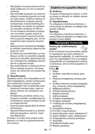 – 7 
– Μην βγάζετε τον ρευματολήπτη από την 
πρίζα τραβώντας τον από το καλώδιο 
σύνδεσης. 
– Πριν από κάθε λειτουργία της συσκευής 
ελέγχετε το καλώδιο ρεύματος και το φις 
για τυχόν ζημιές. Αναθέτετε αμέσως σε 
εξουσιοδοτημένη υπηρεσία τεχνικής 
εξυπηρέτησης πελατών/εξειδικευμένο 
ηλεκτρολόγο την αλλαγή του χαλασμέ- 
νου καλωδίου σύνδεσης στο δίκτυο. 
– Για την αποφυγή ηλεκτρικών ατυχημά- 
των, συνιστάται η χρήση πριζών με 
προεγκατεστημένο προστατευτικό δια- 
κόπτη ρεύματος διαρροής (μέγ. 30 mA 
ονομαστική ισχύς ρεύματος απεμπλο- 
κής). 
– Χρησιμοποιείτε αποκλειστικά αδιάβρο- 
χο καλώδιο προέκτασης ελάχιστης δια- 
τομής 3x1 mm². 
– Σε περίπτωση αντικατάστασης των συν- 
δέσμων μεταξύ του καλωδίου τροφοδο- 
σίας και του καλωδίου προέκτασης πρέ- 
πει να διατηρείται η αδιάβροχη προστα- 
σία και η μηχανική αντοχή. 
– Πριν αποσυνδέσετε τη συσκευή από το 
δίκτυο παροχής ρεύματος, απενεργο- 
ποιείτε την πάντα από τον κεντρικό δια- 
κόπτη. 
 Προειδοποίηση 
Ορισμένες ουσίες, όταν αναμειχθούν με τον 
αέρα αναρρόφησης, μπορεί να δημιουργή- 
σουν εκρηκτικούς ατμούς ή μείγματα! 
Μην αναρροφάτε ποτέ τα ακόλουθα υλικά: 
– Εκρηκτικά ή καύσιμα αέρια, υγρά και 
σκόνες (σκόνες που προκαλούν αντί- 
δραση) 
– Αντιδραστικές μεταλλικές σκόνες (π.χ. 
αλουμίνιο, μαγνήσιο, ψευδάργυρος) σε 
συνδυασμό με ισχυρά αλκαλικά και όξι- 
να απορρυπαντικά 
– Συμπυκνωμένα ισχυρά οξέα και αλκαλι- 
κά διαλύματα 
– Οργανικά διαλυτικά μέσα (π.χ. βενζίνη, 
διαλυτικά χρωμάτων, ακετόνη, πετρέ- 
λαιο θέρμανσης). 
Επιπλέον, οι ουσίες αυτές μπορεί να δια- 
βρώσουν τα υλικά που χρησιμοποιούνται 
στη συσκευή. 
Σύμβολα στο εγχειρίδιο οδηγιών 
 Κίνδυνος 
Για άμεσα επαπειλούμενο κίνδυνο, ο οποί- 
ος μπορεί να οδηγήσει σε σοβαρό τραυμα- 
τισμό ή θάνατο. 
 Προειδοποίηση 
Για ενδεχόμενη επικίνδυνη κατάσταση, η 
οποία μπορεί να οδηγήσει σε σοβαρό τραυ- 
ματισμό ή θάνατο. 
Προσοχή 
Για ενδεχόμενη επικίνδυνη κατάσταση, η 
οποία μπορεί να οδηγήσει σε ελαφρό τραυ- 
ματισμό ή υλικές βλάβες. 
Περιγραφή συσκευής 
Εικόνες, βλ. αναδιπλούμενη 
σελίδα! 
Κατά τον άνοιγμα της συσκευασίας, ελέγξτε 
το περιεχόμενο για τυχόν ελλείψεις σε 
εξαρτήματα ή γιαβλάβες. Σε περίπτωση ζη- 
μιών που προκλήθηκαν από τη μεταφορά, 
παρακαλείσθε να πληροφορήσετε αμέσως 
το κατάστημα, από το οποίο αγοράσατε το 
μηχάνημα. 
Εικόνα 
1 Κάδος 
2 Σύνδεση, ελαστικός σωλήνας ψεκα- 
σμού 
3 Πλήκτρο απασφάλισης καπακιού φίλ- 
τρου 
4 Σύνδεση ελαστικού σωλήνα αναρρόφη- 
σης, συσκευής υγρής αναρρόφησης 
5 Καθάρισμα φίλτρου 
6 Ένδειξη αλλαγής φίλτρου 
7 Κεφαλή συσκευής 
8 Λαβή μεταφοράς 
9 Επαφέας αναρρόφησης 
10 Επαφέας ψεκασμού 
11 Υποδοχή για σωλήνες αναρρόφησης 
ψεκασμού 
12 Απασφάλιση δοχείου 
13 Επίπεδο πτυχωτό φίλτρο * 
14 Δοχείο βρώμικου νερού, αφαιρούμενο * 
15 Δοχείο καθαρού νερού, αφαιρούμενο * 
16 Αναρροφητικός σωλήνας ψεκασμού 
17 Χειρολαβή 
18 Βοηθητική θυρίδα αέρα 
19 Μοχλός ψεκασμού 
EL 87 
 