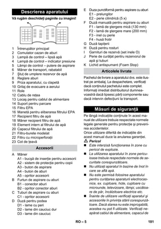 – 5 
Vă rugăm deschideţi paginile cu imagini! 
1 Întrerupător principal 
2 Comutator cazan de aburi 
3 Lampă de control – lipsă apă 
4 Lampă de control – indicator presiune 
5 Lămpi de control – putere de aspirare 
6 Mâner de transport, rabatabil 
7 Ştuţ de umplere rezervor de apă 
8 Reglare aburi 
9 Priza aparatului, cu clapetă 
10 Grilaj de evacuare a aerului 
11 Role 
12 Cablu de reţea 
13 Locaş pentru cablul de alimentare 
14 Suport pentru parcare 
15 Filtru EPA 
16 Manetă pentru eliberarea filtrului EPA 
17 Recipient filtru de apă 
18 Mâner recipient filtru de apă 
19 Element intern al filtrului de apă 
20 Capacul filtrului de apă 
21 Filtru-burete modelat 
22 Filtru cu microperforaţii 
23 Cot de ţeavă 
A Mâner 
A1 - bucşă de inserţie pentru accesorii 
A2 - sistem de protecţie pentru copii 
A3 - buton de aspirare 
A4 - buton de aburi 
A5 - opritor accesorii 
B Furtun de aspirare cu aburi 
B1 - conector aburi 
B2 - opritor conector aburi 
C Tuburi de aspirare cu aburi 
C1 - opritor accesorii 
D Duză pentru podea 
D1 - lame cu peri 
D2 - lame din cauciuc dur 
D3 - lame din cauciuc 
E Duza punctiformă pentru aspirare cu aburi 
E1 - prelungitor 
E2 - perie cilindrică (5 x) 
F Duză manuală pentru aspirare cu aburi 
F1 - lamă de ştergere mică (130 mm) 
F2 - lamă de ştergere mare (200 mm) 
F3 - inel cu perie 
F4 - husă frotir 
G Duză tapiţerii 
H Duză pentru rosturi 
I Garnituri de rezervă (set inele O) 
J Perie de curăţat pentru rezervorul de 
apă şi tuburi 
K Lichid antispumant (Foam Stop) 
Pachetul de livrare a aparatului dvs. este ilus-trat 
pe ambalaj. La despachetare, verificaţi 
dacă conţinutul pachetului este complet. 
Informaţi imediat distribuitorul dumnea-voastră 
dacă lipsesc părţi componente sau 
dacă intervin defecţiuni la transport. 
Pe lângă indicaţiile conţinute în acest ma-nual 
de utilizare trebuie respectate normele 
legale generale pentru protecţie şi preveni-rea 
accidentelor. 
Orice utilizare diferită de indicaţiile din 
acest manual duce la anularea garanţiei. 
 Pericol 
 Este interzisă funcţionarea în zone cu 
pericol de explozie. 
 La utilizarea aparatului în zone pericu-loase 
trebuie respectate normele de se-curitate 
corespunzătoare. 
 Nu utilizaţi aparatul în bazine de înot în 
care se află apă. 
 Nu este permisă folosirea aparatului 
pentru curăţarea aparaturii electrocas-nice, 
ex. cuptoare, hote, cuptoare cu 
microunde, televizoare, lămpi, uscătoa-re 
de păr, încălzitoare electrice etc. 
 Înainte de utilizare verificaţi aparatul şi 
accesoriile în privinţa stării corespunză-toare. 
Dacă starea nu este ireproşabilă, 
acestea nu pot fi utilizate. Verificaţi ne-apărat 
cablul de alimentare, capacul de 
Descrierea aparatului 
Accesorii 
Articolele livrate 
Măsuri de siguranţă 
RO 181 
 