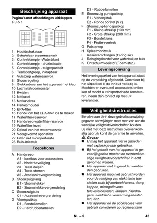 – 5 
Pagina's met afbeeldingen uitklappen 
a.u.b.! 
1 Hoofdschakelaar 
2 Schakelaar stoomreservoir 
3 Controlelampje -Watertekort 
4 Controlelampje - drukindicatie 
5 Controlelampje - zuigcapaciteit 
6 Transportgreep, inklapbaar 
7 Vulstomp waterreservoir 
8 Stoomregeling 
9 Stekkerdoos van het apparaat met klep 
10 Luchtuitstroomrooster 
11 Kwielen 
12 Netkabel 
13 Netkabelvak 
14 Parkeerhouder 
15 EPA-filter 
16 Hendel om het EPA-filter los te maken 
17 Waterfilter-reservoir 
18 Handgreep waterfilter-reservoir 
19 Waterfilter-inzet 
20 Deksel van het waterreservoir 
21 Voorgevormd sponsfilter 
22 Filter met microperforatie 
23 Buis-kniestuk 
A Handgreep 
A1 - Inzetbus voor accessoires 
A2 - Kinderbeveiliging 
A3 - Toets zuigen 
A4 - Toets stomen 
A5 - Accessoirevergrendeling 
B Stoomzuigslang 
B1 - Stoomstekker 
B2 - Stoomstekkervergrendeling 
C Stoomzuigbuis 
C1 - Accessoirevergrendeling 
D Vloerspuitkop 
D1 - Borstellamellen 
D2 - Hardrubberlamellen 
D3 - Rubberlamellen 
E Stoomzuig-puntspuitkop 
E1 - Verlengstuk 
E2 - Ronde borstel (5 x) 
F Stoomzuig-handspuitkop 
F1 - Kleine aftreklip (130 mm) 
F2 - Grote aftreklip (200 mm) 
F3 - Borstelkrans 
F4 - Frotté-overtrek 
G Polsterkop 
H Spleetmondstuk 
I Reservedichtingen (O-ring set) 
J Reinigingsborstel voor watertank en buis 
K Ontschuimvloeistof (Foam-stop) 
Het leveringspakket van het apparaat staat 
op de verpakking afgebeeld. Controleer bij 
het uitpakken of de inhoud volledig is. 
Mochten er eventueel accessoires ontbre-ken 
of mocht u transportschade constate-ren, 
neem dan contact op met uw 
leverancier. 
Behalve aan de in deze gebruiksaanwijzing 
gegeven aanwijzingen moet men zich aan de 
wettelijke veiligheidsvoorschriften houden. 
Bij niet met deze instructies overeenkom-stig 
gebruik komt de garantie te vervallen. 
 Gevaar 
 U mag het apparaat niet in gebieden 
met explosiegevaar gebruiken. 
 Bij het gebruik van het apparaat in ge-vaarlijk 
gebied moeten de overeenkom-stige 
veiligheidsvoorschriften in acht 
genomen worden. 
 Het apparaat niet in gevulde zwenba-den 
gebruiken. 
 Het apparaat mag niet gebruikt worden 
voor de reiniging van elektrische toe-stellen 
zoals bijvoorbeeld ovens, damp-kappen, 
microgolfovens, 
televisietoestellen, lampen, haardro-gers, 
elektrische verwarmingstoestel-len, 
enz. 
 Het apparaat en de accessoires voor 
gebruik controleren op reglementaire 
Beschrijving apparaat 
Toebehoren 
Leveringsomvang 
Veiligheidsinstructies 
NL 45 
 