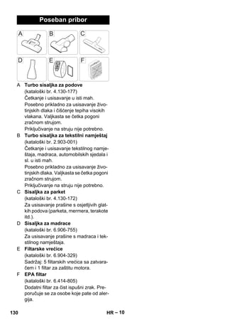– 10 
Poseban pribor 
A Turbo sisaljka za podove 
(kataloški br. 4.130-177) 
Četkanje i usisavanje u isti mah. 
Posebno prikladno za usisavanje živo-tinjskih 
dlaka i čišćenje tepiha visokih 
vlakana. Valjkasta se četka pogoni 
zračnom strujom. 
Priključivanje na struju nije potrebno. 
B Turbo sisaljka za tekstilni namještaj 
(kataloški br. 2.903-001) 
Četkanje i usisavanje tekstilnog namje-štaja, 
madraca, automobilskih sjedala i 
sl. u isti mah. 
Posebno prikladno za usisavanje živo-tinjskih 
dlaka. Valjkasta se četka pogoni 
zračnom strujom. 
Priključivanje na struju nije potrebno. 
C Sisaljka za parket 
(kataloški br. 4.130-172) 
Za usisavanje prašine s osjetljivih glat-kih 
podova (parketa, mermera, terakote 
itd.). 
D Sisaljka za madrace 
(kataloški br. 6.906-755) 
Za usisavanje prašine s madraca i tek-stilnog 
namještaja. 
E Filtarske vrećice 
(kataloški br. 6.904-329) 
Sadržaj: 5 filtarskih vrećica sa zatvara-čem 
i 1 filtar za zaštitu motora. 
F EPA filtar 
(kataloški br. 6.414-805) 
Dodatni filtar za čist ispušni zrak. Pre-poručuje 
se za osobe koje pate od aler-gija. 
130 HR 
 