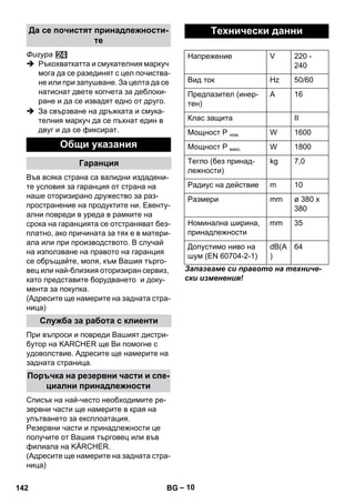 – 10 
Фигура 
 Ръкохваткатта и смукателния маркуч 
мога да се разединят с цел почиства- 
не или при запушване. За целта да се 
натиснат двете копчета за деблоки- 
ране и да се извадят едно от друго. 
 За свързване на дръжката и смука- 
телния маркуч да се пъхнат един в 
двуг и да се фиксират. 
Във всяка страна са валидни издадени- 
те условия за гаранция от страна на 
наше оторизирано дружество за раз- 
пространение на продуктите ни. Евенту- 
ални повреди в уреда в рамките на 
срока на гаранцията се отстраняват без- 
платно, ако причината за тях е в матери- 
ала или при производството. В случай 
на използване на правото на гаранция 
се обръщайте, моля, към Вашия търго- 
вец или най-близкия оторизиран сервиз, 
като представите борудването и доку- 
мента за покупка. 
(Адресите ще намерите на задната стра- 
ница) 
При въпроси и повреди Вашият дистри- 
бутор на KARCHER ще Ви помогне с 
удоволствие. Адресите ще намерите на 
задната страница. 
Списък на най-често необходимите ре- 
зервни части ще намерите в края на 
упътването за експлоатация. 
Резервни части и принадлежности це 
получите от Вашия търговец или във 
филиала на KÄRCHER. 
(Адресите ще намерите на задната стра- 
ница) 
Запазваме си правото на техниче- 
ски изменения! 
Да се почистят принадлежности- 
те 
Общи указания 
Гаранция 
Служба за работа с клиенти 
Поръчка на резервни части и спе- 
циални принадлежности 
Технически данни 
Напрежение V 220 - 
240 
Вид ток Hz 50/60 
Предпазител (инер- 
A 16 
тен) 
Клас защита II 
Мощност Р ном. W 1600 
Мощност Р макс. W 1800 
Тегло (без принад- 
kg 7,0 
лежности) 
Радиус на действие m 10 
Размери mm ø 380 x 
380 
Номинална ширина, 
принадлежности 
mm 35 
Допустимо ниво на 
шум (EN 60704-2-1) 
dB(A 
) 
64 
142 BG 
 