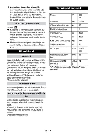 – 9 
 puhastage tagumine juhtrullik: 
soovitavalt siis, kui rullik on maha võe-tud. 
Selleks kruvige telg lahti ja tõmma-ke 
välja. Nüüd on kerge tolmutorte, 
juukseid jne. eemaldada. Pange juhtrul-lik 
uuesti tagasi. 
Joonis 
 Käepidet ja imivoolikut on võimalik pu-hastamiseks 
või ummistuste korral lahti 
võtta. Selleks vajutage 2 lukustusest 
vabastamise nupule ja tõmmake koost 
lahti. 
 Ühendamiseks torgake käepide ja imi-voolik 
kokku ja laske asendisse fiksee-ruda. 
Igas riigis kehtivad vastava volitatud müü-giesindaja 
antud garantiitingimused. Sead-mel 
esinevad tõrked kõrvaldame 
garantiiajal tasuta, kui põhjuseks on mater-jali- 
või valmistusviga. Garantiijuhtumi kor-ral 
palun pöörduda müüja või lähima 
volitatud hooldustöökoja poole, esitades 
ostu tõendava dokumendi. 
(Aadressi vt tagaküljelt) 
Küsimuste ja rikete korral aitab teid KÄRC-HERi 
filiaal. Aadressi vt tagaküljelt. 
Valiku kõige sagedamini vajaminevatest 
varuosadest leiate te kasutusjuhendi lõ-pust. 
Varuosi ja lisaseadmeid saate seadme 
müüjalt või oma piirkonna KÄRCHERi fi-liaalist. 
(Aadressi vt tagaküljelt) 
Tehniliste muudatuste õigused reser-veeritud! 
Tarvikute puhastamine 
Üldmärkusi 
Garantii 
Klienditeenindus 
Varuosade ja lisaseadmete tellimi-ne 
Tehnilised andmed 
Pinge V 220 - 
240 
Voolu liik Hz 50/60 
Võrgukaitse (inertne) A 16 
Elektriohutusklass II 
Võimsus Pnimi W 1600 
Võimsus Pmaks W 1800 
Kaal (ilma tarvikuteta) kg 7,0 
Tegevusraadius m 10 
Mõõtmed mm ø 380 x 
380 
Nominaallaius, tarvi-kud 
mm 35 
Helirõhupeel (EN 
60704-2-1) 
dB(A 
) 
64 
148 ET 
 