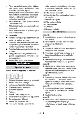 – 6 
– Pirms katras lietošanas reizes pārbau-diet, 
vai nav bojāts pieslēgšanas kabe-lis 
ar tīkla spraudni. Bojātu 
pieslēgšanas kabeli nekavējoties lieciet 
nomainīt pilnvarotā klientu apkalpoša-nas 
dienestā vai profesionālā elektro-mehāniskā 
darbnīcā. 
– Neizmantot tīkla kabeli aparāta nešanai 
/ transportēšanai. 
– Tīkla kabeli nevilkt gar asām malām un 
neiespiest. 
– Pirms visiem darbiem ar aparātu izņemt 
tīkla kontaktdakšu. 
 Uzmanību 
 Nekād nesūkt putekļus bez filtra maisa. 
Ierīce var iziet no ierindas. 
 Izvairīties no sūkšanas ar sprauslu un 
sūcējšļūteni galvas tuvumā. Pastāv ie-vainojumu 
gūšanas bīstamība! 
 Putekļu sūkšanas laikā pilnīgi izvilkt tīk-la 
kabeli. 
 Sargājiet ierīci no ārējiem nelabvēlī-giem 
laika apstākļiem, mitruma un kar-stuma 
avotiem. 
 Ierīci izslēgt, ja tā netiek lietota. 
Lūdzu atveriet lappuses ar attēliem! 
1 Tīkla pieslēgšanas kabelis ar spraudni 
2 Kabeļa satīšanas taustiņš 
3 Ieslēgšanas/izslēgšanas taustiņš 
4 Sūkšanas jaudas regulētājs 
5 Sūkšanas šļūtene 
6 Rokturis 
7 Teleskopiskā sūcējcaurule 
8 Teleskopiskās sūcējcaurules regulēšana 
9 Sprausla grīdas tīrīšanai 
10 Piederumu novietnes vāks 
11 Piederumu novietne QuickClick: 
satur sprauslu polsterējumam, izvelka-mu 
sprauslu spraugām un šaurām vie-tām 
un mēbeļu birstīti 
12 Filtra maiņas indikators 
13 Fiksētājsvira, filtra maisa vāks / motora 
aizsargfiltrs 
14 Motora aizsargfiltrs 
15 Filtra maisa turētājs 
16 EPA filtra vāks 
17 EPA filtrs 
18 Nešanas rokturis 
Attēls 
 Sūcējšļūtenes iemavu nofiksēt iesūkša-nas 
atverē. 
 Noņemšanai saspiest abas fiksētājķe-piņas 
un izvilkt šļūteni. 
Attēls 
 Saspraust kopā rokturi un teleskopisko 
sūcējcauruli un nofiksēt. 
 Saspraust kopā grīdas sprauslu ar te-leskopisko 
sūcējcauruli un nofiksēt. 
Attēls 
 Izmantojot regulētāju, uzstādīt vēlamo 
teleskopiskās sūcējcaurules garumu. 
Attēls 
 Novietošanai vai īsu darba pārtraukumu 
laikā ielikt grīdas sprauslu uz novietojuma 
stiprinājuma aparāta mugurpusē un ie-spiest 
fiksācijas pozīcijā. 
Attēls 
 Izņemšanai nospiest rokturi uz leju apa-rāta 
virzienā. Tādā veidā grīdas 
sprausla atbloķējas no novietojuma stā-vokļa 
un var būt izņemta uz augšu. 
Attēls 
 Izvilkt ārā tīkla kabeli aiz kontaktdak-šas. 
Iespraust kontaktdakšu kontakt-ligzdā. 
 Ieslēgt / izslēgt ierīci. 
Attēls 
 Iesūkšanas spēka regulēšana veicama 
ar sūkšanas jaudas regulētāju: 
- Marķējums uz MAX, augta sūkšanas 
jauda 
Apkalpošana 
Aparāta apraksts 
Ekspluatācija 
LV 151 
 