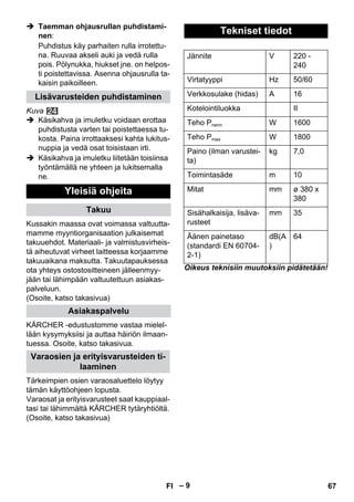 – 9 
 Taemman ohjausrullan puhdistami-nen: 
Puhdistus käy parhaiten rulla irrotettu-na. 
Ruuvaa akseli auki ja vedä rulla 
pois. Pölynukka, hiukset jne. on helpos-ti 
poistettavissa. Asenna ohjausrulla ta-kaisin 
paikoilleen. 
Kuva 
 Käsikahva ja imuletku voidaan erottaa 
puhdistusta varten tai poistettaessa tu-kosta. 
Paina irrottaaksesi kahta lukitus-nuppia 
ja vedä osat toisistaan irti. 
 Käsikahva ja imuletku liitetään toisiinsa 
työntämällä ne yhteen ja lukitsemalla 
ne. 
Kussakin maassa ovat voimassa valtuutta-mamme 
myyntiorganisaation julkaisemat 
takuuehdot. Materiaali- ja valmistusvirheis-tä 
aiheutuvat virheet laitteessa korjaamme 
takuuaikana maksutta. Takuutapauksessa 
ota yhteys ostostositteineen jälleenmyy-jään 
tai lähimpään valtuutettuun asiakas-palveluun. 
(Osoite, katso takasivua) 
KÄRCHER -edustustomme vastaa mielel-lään 
kysymyksiisi ja auttaa häiriön ilmaan-tuessa. 
Osoite, katso takasivua. 
Tärkeimpien osien varaosaluettelo löytyy 
tämän käyttöohjeen lopusta. 
Varaosat ja erityisvarusteet saat kauppiaal-tasi 
tai lähimmältä KÄRCHER tytäryhtiöltä. 
(Osoite, katso takasivua) 
Oikeus teknisiin muutoksiin pidätetään! 
Lisävarusteiden puhdistaminen 
Yleisiä ohjeita 
Takuu 
Asiakaspalvelu 
Varaosien ja erityisvarusteiden ti-laaminen 
Tekniset tiedot 
Jännite V 220 - 
240 
Virtatyyppi Hz 50/60 
Verkkosulake (hidas) A 16 
Kotelointiluokka II 
Teho Pnenn W 1600 
Teho Pmax W 1800 
Paino (ilman varustei-ta) 
kg 7,0 
Toimintasäde m 10 
Mitat mm ø 380 x 
380 
Sisähalkaisija, lisäva-rusteet 
mm 35 
Äänen painetaso 
(standardi EN 60704- 
2-1) 
dB(A 
) 
64 
FI 67 
 