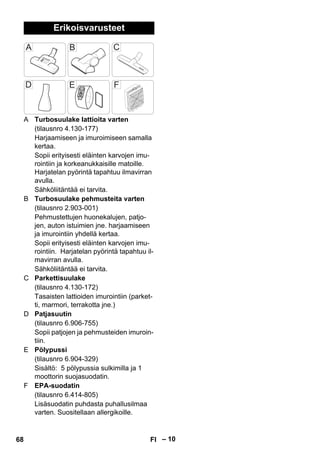– 10 
Erikoisvarusteet 
A Turbosuulake lattioita varten 
(tilausnro 4.130-177) 
Harjaamiseen ja imuroimiseen samalla 
kertaa. 
Sopii erityisesti eläinten karvojen imu-rointiin 
ja korkeanukkaisille matoille. 
Harjatelan pyörintä tapahtuu ilmavirran 
avulla. 
Sähköliitäntää ei tarvita. 
B Turbosuulake pehmusteita varten 
(tilausnro 2.903-001) 
Pehmustettujen huonekalujen, patjo-jen, 
auton istuimien jne. harjaamiseen 
ja imurointiin yhdellä kertaa. 
Sopii erityisesti eläinten karvojen imu-rointiin. 
Harjatelan pyörintä tapahtuu il-mavirran 
avulla. 
Sähköliitäntää ei tarvita. 
C Parkettisuulake 
(tilausnro 4.130-172) 
Tasaisten lattioiden imurointiin (parket-ti, 
marmori, terrakotta jne.) 
D Patjasuutin 
(tilausnro 6.906-755) 
Sopii patjojen ja pehmusteiden imuroin-tiin. 
E Pölypussi 
(tilausnro 6.904-329) 
Sisältö: 5 pölypussia sulkimilla ja 1 
moottorin suojasuodatin. 
F EPA-suodatin 
(tilausnro 6.414-805) 
Lisäsuodatin puhdasta puhallusilmaa 
varten. Suositellaan allergikoille. 
68 FI 
 