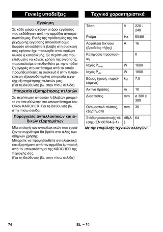 – 10 
Σε κάθε χώρα ισχύουν οι όροι εγγύησης 
που εκδόθηκαν από την αρμόδια αντιπρο- 
σωπεία μας. Εντός της προθεσμίας της πα- 
ρεχόμενης εγγύησης αποκαθιστούμε 
δωρεάν οποιαδήποτε βλάβη στη συσκευή 
σας εφόσον έχει προκληθεί από σφάλμα 
υλικού ή κατασκευής. Σε περίπτωση που 
επιθυμείτε να κάνετε χρήση της εγγύησης, 
παρακαλούμε απευθυνθείτε με την απόδει- 
ξη αγοράς στο κατάστημα από το οποίο 
προμηθευτήκατε τη συσκευή ή στην πλησι- 
έστερη εξουσιοδοτημένη υπηρεσία τεχνι- 
κής εξυπηρέτησης πελατών μας. 
(Για τη διεύθυνση βλ. στην πίσω σελίδα) 
Σε περίπτωση αποριών ή βλαβών μπορεί- 
τε να απευθύνεστε στο υποκατάστημα του 
Οίκου KARCHER. Για τη διεύθυνση βλ. 
στην πίσω σελίδα. 
Μία επιλογή των ανταλλακτικών που χρειά- 
ζονται συχνότερα θα βρείτε στο τέλος των 
οδηγιών χρήσης. 
Μπορείτε να προμηθευθείτε ανταλλακτικά 
και εξαρτήματα από τον αρμόδιο έμπορο ή 
από το υποκατάστημα της KÄRCHER της 
περιοχής σας. 
(Για τη διεύθυνση βλ. στην πίσω σελίδα) 
Με την επιφύλαξη τεχνικών αλλαγών! 
Γενικές υποδείξεις 
Εγγύηση 
Υπηρεσία εξυπηρέτησης πελατών 
Παραγγελία ανταλλακτικών και ει- 
δικών εξαρτημάτων 
Τεχνικά χαρακτηριστικά 
Τάση V 220 - 
240 
Ρεύμα Hz 50/60 
Ασφάλεια δικτύου 
A 16 
(βραδείας τήξης) 
Κατηγορία προστασί- 
ας 
II 
Ισχύς Pονομ W 1600 
Ισχύς Pμέγ W 1800 
Βάρος (χωρίς παρελ- 
kg 7,0 
κόμενα) 
Ακτίνα δράσης m 10 
Διαστάσεις mm ø 380 x 
380 
Ονομαστικό πλάτος, 
εξαρτήματα 
mm 35 
Στάθμη ακουστικής πί- 
εσης (EN 60704-2-1) 
dB(A 
) 
64 
74 EL 
 