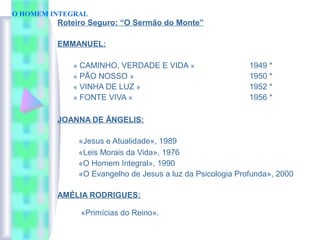 Roteiro Seguro: “O Sermão do Monte”
EMMANUEL:
« CAMINHO, VERDADE E VIDA » 1949 *
« PÃO NOSSO » 1950 *
« VINHA DE LUZ » 1952 *
« FONTE VIVA » 1956 *
JOANNA DE ÂNGELIS:
«Jesus e Atualidade», 1989
«Leis Morais da Vida», 1976
«O Homem Integral», 1990
«O Evangelho de Jesus a luz da Psicologia Profunda», 2000
AMÉLIA RODRIGUES:
«Primícias do Reino».
O HOMEM INTEGRAL
 