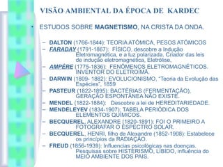 • ESTUDOS SOBRE MAGNETISMO, NA CRISTA DA ONDA.
– DALTON (1766-1844): TEORIA ATÓMICA, PESOS ATÓMICOS
– FARADAY (1791-1867): FÍSICO, descobre a Indução
Eletromagnética, e a luz polarizada. Criador das leis
de indução eletromagnética, Eletrólise,
– AMPÈRE (1775-1836): FENÔMENOS ELETROMAGNÉTICOS.
INVENTOR DO ELETROÍMÃ.
– DARWIN (1809- 1882): EVOLUCIONISMO, “Teoria da Evolução das
Espécies”, 1859
– PASTEUR (1822-1895): BACTÉRIAS (FERMENTAÇÃO),
GERAÇÃO ESPONTÂNEA NÃO EXISTE.
– MENDEL (1822-1884): Descobre a lei de HEREDITARIEDADE.
– MENDELEYEV (1834-1907): TABELA PERIÓDICA DOS
ELEMENTOS QUÍMICOS.
– BECQUEREL, ALEXANDRE (1820-1891): FOI O PRIMEIRO A
FOTOGRAFAR O ESPECTRO SOLAR.
– BECQUEREL, HENRI, filho de Alexandre (1852-1908): Estabelece
os princípios da RADIAÇÃO.
– FREUD (1856-1939): Influencias psicológicas nas doenças.
Pesquisas sobre HISTERISMO, LÍBIDO, influência do
MEIO AMBIENTE DOS PAIS.
VISÃO AMBIENTAL DA ÉPOCA DE KARDEC
 
