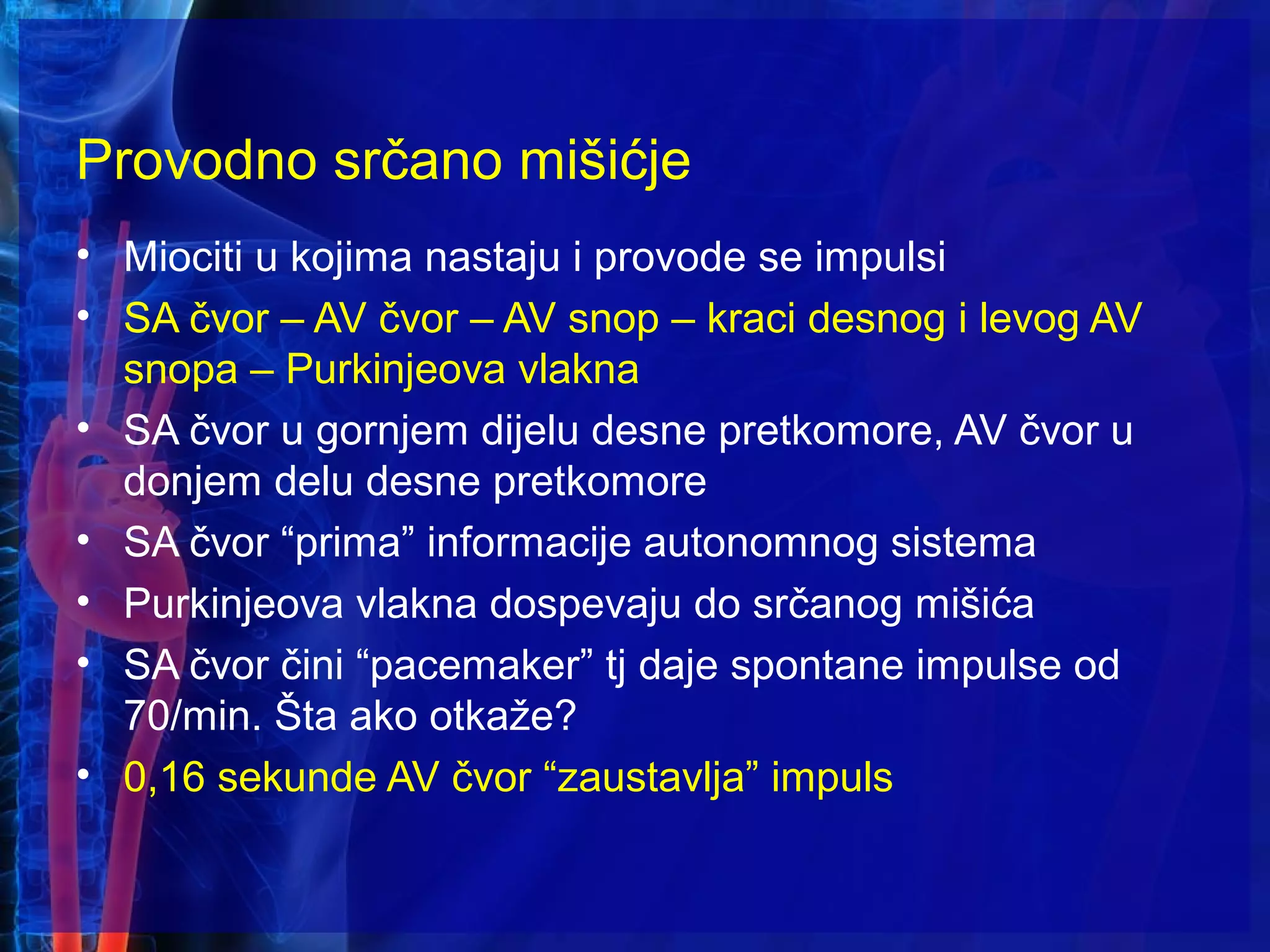 Provodno srčano mišićje
• Miociti u kojima nastaju i provode se impulsi
• SA čvor – AV čvor – AV snop – kraci desnog i levog AV
snopa – Purkinjeova vlakna
• SA čvor u gornjem dijelu desne pretkomore, AV čvor u
donjem delu desne pretkomore
• SA čvor “prima” informacije autonomnog sistema
• Purkinjeova vlakna dospevaju do srčanog mišića
• SA čvor čini “pacemaker” tj daje spontane impulse od
70/min. Šta ako otkaže?
• 0,16 sekunde AV čvor “zaustavlja” impuls
 