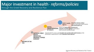 Major investment in health- reforms/policies
through the Greek Recovery and Resilience Plan
REFORM OF THE
PHC
NATIONAL PUBLIC
HEALTH
PREVENTION
PROGRAM "SPYROS
DOXIADIS"
DIGITAL
TRANSFORMATION
OF HEALTH
ODIPY- Quality
Agency
data-driven decision making /
lead the Greek health system towards
value-based health care
improve the deployment, monitoring and
evaluation of quality strategies and its links to
health outcomes and efficiency gain
integrated with PC services could strengthen the essential public health functions of PHC
and provide an opportunity for a wider population-based approach.
National Recovery and Resilience Plan “Greece
 