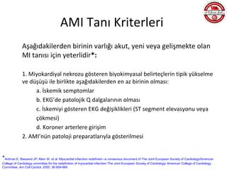 AMI Tanı Kriterleri
              Aşağıdakilerden birinin varlığı akut, yeni veya gelişmekte olan
              MI tanısı için yeterlidir*:

              1. Miyokardiyal nekrozu gösteren biyokimyasal belirteçlerin tipik yükselme
              ve düşüşü ile birlikte aşağıdakilerden en az birinin olması:
                   a. İskemik semptomlar
                   b. EKG’de patolojik Q dalgalarının olması
                   c. İskemiyi gösteren EKG değişiklikleri (ST segment elevasyonu veya
                   çökmesi)
                   d. Koroner arterlere girişim
              2. AMI’nün patoloji preparatlarıyla gösterilmesi


*Antman E, Bassand JP, Klein W, et al. Myocardial infarction redefined—a consensus document of The Joint European Society of Cardiology/American
College of Cardiology committee for the redefinition of myocardial infarction The Joint European Society of Cardiology/ American College of Cardiology
Committee, Am Coll Cardiol, 2000; 36:959-969
 