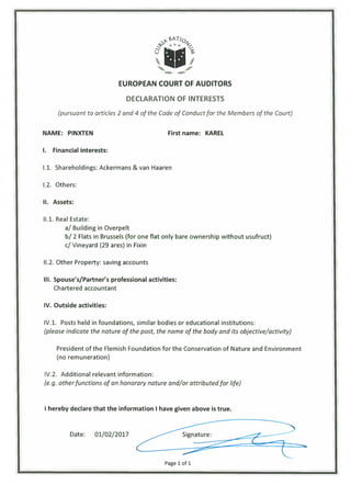 EUROPEAN COURT OF AUDITORS
DECLARATION OF INTERESTS
(pursuant to articles 2 and 4 of the Code of Conductfor the Members of the Court)
NAME: PINXTEN First name: KAREL
I. Financial interests:
1.1. Shareholdings: Ackermans & van Haaren
1.2. Others:
II. Assets:
11.1. Real Estate:
a! Building in Overpelt
b/ 2 Flats in Brussels (for one flat only bare ownership without usufruct)
c/ Vineyard (29 ares) in Fixin
11.2. Other Property: saving accounts
Ill. Spouse’s/Partner’s professional activities:
Chartered accountant
IV. Outside activities:
IV.1. Posts held in foundations, similar bodies or educational institutions:
(please indicate the nature of the post, the name of the body and its objective/activity)
President of the Flemish Foundation for the Conservation of Nature and Environment
(no remuneration)
V.2. Additional relevant information:
(e.g. otherfunctions of an honorary nature and/or attributedfor life)
I hereby declare that the information I have given above is true.
Date: 01/02/2017
Pagelofi
 