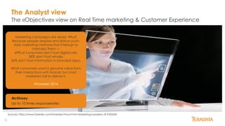 12
The «Objective» view on Real Time marketing & Customer Experience
The Analyst view
Marketing campaigns are dead. Why?
Because people despise and distrust push-
style marketing methods that interrupt or
intercept them —
49% of consumers don't trust digital ads;
38% don't trust emails;
36% don't trust information in branded apps.
What consumers want is genuine value from
their interactions with brands, but most
marketers fail to deliver it.
#Forrester 2014
McKinsey
Up to 10 times responserates
Sources: https://www.forrester.com/Forresters+Forum+For+Marketing+Leaders/-/E-EVE6359
 