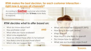 16
RTIM makes the best decision, for each customer interaction -
right now & across all channels?
According to Gartner customer who initiate
an inbound interaction are 10 times more likely
to respond.
• What do I know about her?
• How profitable is she?
• What offers do I have available?
• What is she eligible for?
• Have we offered these offers to her before?
• How likely is she to accept those offers?
• Which offer do I suggest first?
RTIM decides what to offer based on:
• What will make her happiest? (NPS)
• How long is the call centre/
• shop queue?
• How much is she likely to spend?
• Do I know how to sell this?
• What are our business objectives?
AND
 