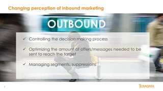 5
Changing perception of inbound marketing
OUTBOUND
 Controlling the decision making process
 Optimizing the amount of offers/messages needed to be
sent to reach the target
 Managing segments, suppressions
 