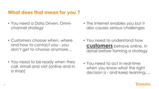 9
• The Internet enables you but it
also causes serious challenges
• You need to understand how
customers behave online, in
detail before forming a strategy
• You need to act in real-time
when you know what the right
decision is - and keep learning….
• You need a Data Driven, Omni-
channel strategy
• Customers choose when, where
and how to contact you - you
don’t get to choose anymore…
• You need to be ready when they
call, email and visit (online and in
a shop)
What does that mean for you ?
 