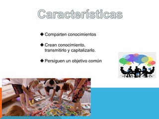 Comparten conocimientos
Crean conocimiento,
transmitirlo y capitalizarlo.
Persiguen un objetivo común
 