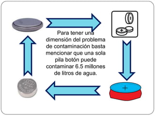 Para tener una dimensión del problema de contaminaciónbasta mencionar que una solapila botón puede contaminar 6.5 millones de litros de agua.