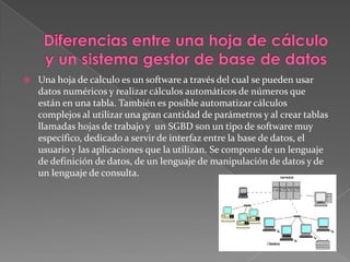 Diferencias entre una hoja de cálculo y un sistema gestor de base de datosUna hoja de calculo es un software a través del cual se pueden usar datos numéricos y realizar cálculos automáticos de números que están en una tabla. También es posible automatizar cálculos complejos al utilizar una gran cantidad de parámetros y al crear tablas llamadas hojas de trabajo y  un SGBD son un tipo de software muy específico, dedicado a servir de interfaz entre la base de datos, el usuario y las aplicaciones que la utilizan. Se compone de un lenguaje de definición de datos, de un lenguaje de manipulación de datos y de un lenguaje de consulta.