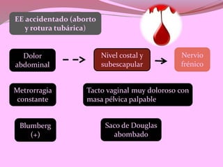 EE accidentado (aborto
y rotura tubárica)
Dolor
abdominal
Nivel costal y
subescapular
Nervio
frénico
Metrorragia
constante
Blumberg
(+)
Tacto vaginal muy doloroso con
masa pélvica palpable
Saco de Douglas
abombado
 