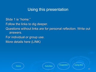 Using this presentation Slide 1 is “home.”  Follow the links to dig deeper.  Questions without links are for personal reflection. Write out answers. For individual or group use. More details here (LINK) Using this tool Suggested resources Activities Home 