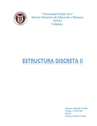 “Universidad Fermín Toro”
Sistema Interactivo de Educación a Distancia
(SAIA)
Cabudare.
Alumna: Karenth Castillo
Cedula: 17.625.944
Saia B
Profesor: Edecio Freitez
 