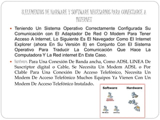 8.ELEMENTOS DE HARWARE Y SOFTWARE NECESARIOS PARA CONECTARCE A
INTERNET
 Teniendo Un Sistema Operativo Correctamente Configurada Su
Comunicación con El Adaptador De Red O Modem Para Tener
Acceso A Internet, Lo Siguiente Es El Navegador Como El Internet
Explorer (ahora En Su Versión 8) en Conjunto Con El Sistema
Operativo Para Traducir La Comunicación Que Hace La
Computadora Y La Red internet En Este Caso.
 Hardware: Para Una Conexión De Banda ancha, Como ADSL LINEA De
Suscriptor digital o Cable, Se Necesita Un Modem ADSL o Por
Clable Para Una Conexión De Acceso Telefónico, Necesita Un
Modem De Acceso Telefónico Muchos Equipos Ya Vienen Con Un
Modem De Acceso Telefónico Instalado.
 