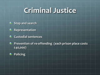 Criminal Justice
Stop and search
Representation

Custodial sentences
Prevention of re-offending (each prison place costs
£40,000)

Policing

 