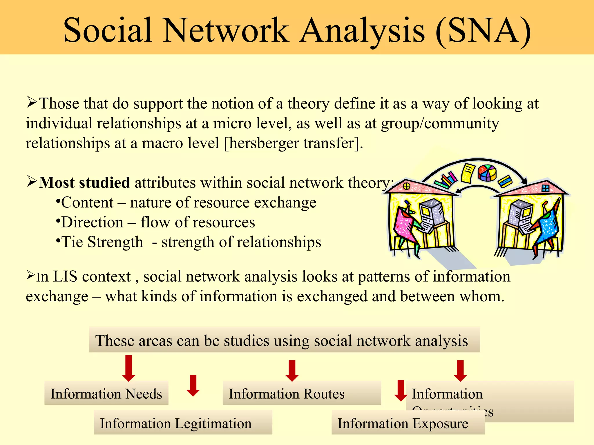 Social Network Analysis (SNA) Those that do support the notion of a theory define it as a way of looking at individual relationships at a micro level, as well as at group/community relationships at a macro level [hersberger transfer].  Most studied  attributes within social network theory:  Content – nature of resource exchange Direction – flow of resources Tie Strength  - strength of relationships I n LIS context , social network analysis looks at patterns of information exchange – what kinds of information is exchanged and between whom. These areas can be studies using social network analysis Information Needs Information Legitimation Information Opportunities  Information Routes Information Exposure 
