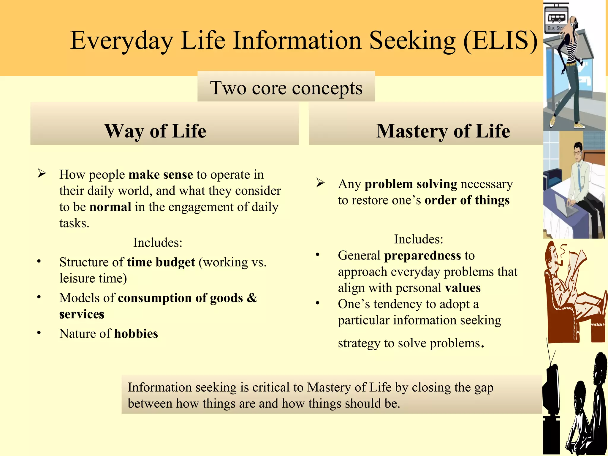 Way of Life How people  make sense  to operate in their daily world, and what they consider to be  normal  in the engagement of daily tasks.  Includes:  Structure of  time budget  (working vs. leisure time) Models of  consumption of goods & service ﻿﻿ s ﻿﻿ Nature of  hobbies Mastery of Life Any  problem solving  necessary to restore one ’s  order of things Includes:  General  preparedness  to approach everyday problems that align with personal  values One ’s tendency to adopt a particular information seeking strategy to solve problems . Information seeking is critical to Mastery of Life by closing the gap between how things are and how things should be. Everyday Life Information Seeking (ELIS) Two core concepts 
