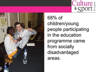 68% of children/young people participating in the education programme came from socially disadvantaged areas. 