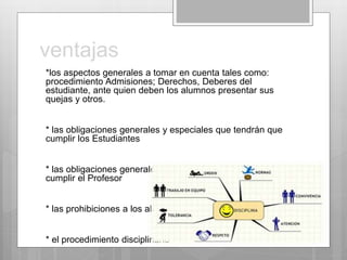 ventajas 
*los aspectos generales a tomar en cuenta tales como: 
procedimiento Admisiones; Derechos, Deberes del 
estudiante, ante quien deben los alumnos presentar sus 
quejas y otros. 
* las obligaciones generales y especiales que tendrán que 
cumplir los Estudiantes 
* las obligaciones generales y especiales que tendrá que 
cumplir el Profesor 
* las prohibiciones a los alumnos; 
* el procedimiento disciplinario 
 