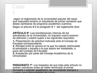 Caso 
1 
según el reglamento de la universidad popular del cesar 
qué respuesta tendría un estudiante de primer semestre que 
desee cambiarse de programa académico (carrera). 
Según el articulo # 6 el parágrafo N 1 del reglamento dice: 
ARTÍCULO 6º -Las transferencias internas de los 
estudiantes de la Universidad, no requiere nuevo examen 
de admisión y estará sujeto a los siguientes requisitos: 
1. Presentación de solicitud motivada ante el Consejo de 
Facultad correspondiente. 
2. Afinidad entre la carrera en la que ha estado matriculado 
el estudiante y aquella a la que aspira ser trasladado, a 
juicio del Consejo de Facultad. 
3. Aceptación por parte del Consejo Académico de la 
Universidad. 
PARAGRAFO 1º -Los traslados de que trata este artículo no 
podrán solicitarse antes de haber terminado el primer 
semestre o periodo académico, se concederán siempre y 
cuando haya disponibilidad de cupos. 
 