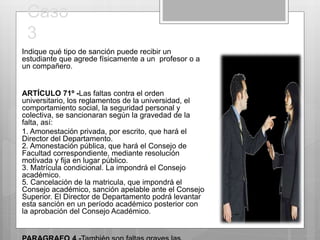 Caso 
3 
Indique qué tipo de sanción puede recibir un 
estudiante que agrede físicamente a un profesor o a 
un compañero. 
ARTÍCULO 71º -Las faltas contra el orden 
universitario, los reglamentos de la universidad, el 
comportamiento social, la seguridad personal y 
colectiva, se sancionaran según la gravedad de la 
falta, así: 
1. Amonestación privada, por escrito, que hará el 
Director del Departamento. 
2. Amonestación pública, que hará el Consejo de 
Facultad correspondiente, mediante resolución 
motivada y fija en lugar público. 
3. Matrícula condicional. La impondrá el Consejo 
académico. 
5. Cancelación de la matricula, que impondrá el 
Consejo académico, sanción apelable ante el Consejo 
Superior. El Director de Departamento podrá levantar 
esta sanción en un período académico posterior con 
la aprobación del Consejo Académico. 
PARAGRAFO 4.-También son faltas graves las 
 
