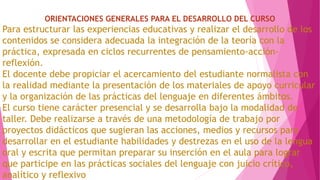 ORIENTACIONES GENERALES PARA EL DESARROLLO DEL CURSO
Para estructurar las experiencias educativas y realizar el desarrollo de los
contenidos se considera adecuada la integración de la teoría con la
práctica, expresada en ciclos recurrentes de pensamiento-acción-
reflexión.
El docente debe propiciar el acercamiento del estudiante normalista con
la realidad mediante la presentación de los materiales de apoyo curricular
y la organización de las prácticas del lenguaje en diferentes ámbitos.
El curso tiene carácter presencial y se desarrolla bajo la modalidad de
taller. Debe realizarse a través de una metodología de trabajo por
proyectos didácticos que sugieran las acciones, medios y recursos para
desarrollar en el estudiante habilidades y destrezas en el uso de la lengua
oral y escrita que permitan preparar su inserción en el aula para lograr
que participe en las prácticas sociales del lenguaje con juicio crítico,
analítico y reflexivo
 