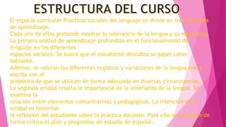 El espacio curricular Prácticas sociales del lenguaje se divide en tres unidades
de aprendizaje.
Cada una de ellas pretende mostrar la relevancia de la lengua y su enseñanza.
La primera unidad de aprendizaje profundiza en el funcionamiento del
lenguaje en los diferentes
espacios sociales. Se busca que el estudiante descubra su papel como
hablante.
Además, se valoran los diferentes registros y variaciones de la lengua oral y
escrita con el
propósito de que se utilicen de forma adecuada en diversas circunstancias.
La segunda unidad resalta la importancia de la enseñanza de la lengua. Se
examina la
relación entre elementos comunicativos y pedagógicos. La intención de la
unidad es fomentar
la reflexión del estudiante sobre la práctica docente. Para ello se revisarán de
forma crítica el plan y programas de estudio de español.
 