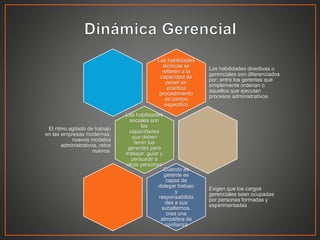 Las habilidades 
técnicas se 
refieren a la 
capacidad de 
poner en 
practica 
procedimiento 
de campo 
especifico 
Las habilidades directivas o 
gerenciales son diferenciados 
por; entre los gerentes que 
simplemente ordenan o 
aquellos que ejecutan 
procesos administrativos. 
Las habilidades 
sociales son 
las 
capacidades 
que deben 
tener los 
gerentes para 
trabajar, guiar y 
persuadir a 
otras personas 
El ritmo agitado de trabajo 
en las empresas modernas, 
nuevos modelos 
administrativos, retos 
nuevos. 
Cuando es 
gerente es 
capaz de 
delegar trabajo 
y 
responsabilida 
des a sus 
subalternos, 
crea una 
atmosfera de 
confianza 
Exigen que los cargos 
gerenciales sean ocupadas 
por personas formadas y 
experimentadas 
 