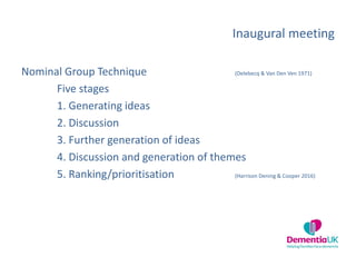 Inaugural meeting
Nominal Group Technique (Delebecq & Van Den Ven 1971)
Five stages
1. Generating ideas
2. Discussion
3. Further generation of ideas
4. Discussion and generation of themes
5. Ranking/prioritisation (Harrison Dening & Cooper 2016)
 