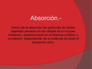 Absorción.Dentro de la absorción las partículas de lípidos
digeridas penetran en las células de la mucosa
intestinal y posteriormente en el Sistema Linfático y
circulatorio. Dependiendo de la molécula de lípido el
transporte varía.

 