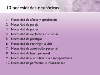 10 necesidades neuróticas

1. Necesidad de afecto y aprobación
2. Necesidad de pareja
3. Necesidad de poder
4. Necesidad de explotar a los demás
5. Necesidad de prestigio
6. Necesidad de restringir la vida
7. Necesidad de admiración personal
8. Necesidad de logro personal
9. Necesidad de autosuficiencia e independencia
10. Necesidad de perfección e insaciabilidad
 